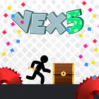 Logotipo de Vex 5 con un personaje stickman negro corriendo hacia un cofre del tesoro dorado, rodeado de confeti de colores sobre fondo geométrico gris.