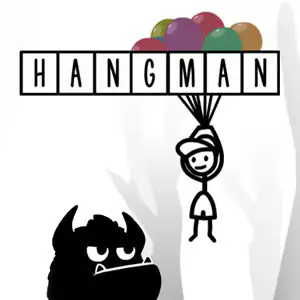 Ilustración del juego del ahorcado en inglés con la palabra HANGMAN en casillas, globos de colores y un monstruo negro esperando.