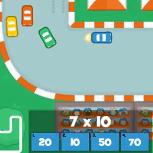 Coches de carreras de colores en un circuito con la operación 7 x 10 y cuatro posibles resultados para elegir: 20, 10, 50 y 70.