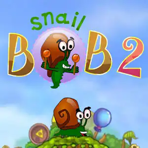 Ilustración del logotipo Snail Bob 2 con un caracol de dibujos animados sosteniendo un globo sobre una plataforma verde