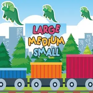 Tren de dibujos animados con vagones de colores y tres dinosaurios verdes junto al cartel Large, Medium, Small sobre fondo de ciudad.