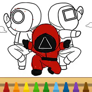 Dibujo para colorear de personajes del Juego del Calamar: un soldado enmascarado en el centro y dos guardias detrás, con lápices de colores debajo.