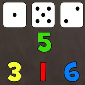 Tres dados con distintas caras junto a los números 1, 3, 5 y 6 del juego para aprender a contar hasta 6.