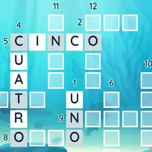 Crucigrama de números en español para niños con fondo submarino y las palabras CINCO, CUATRO y UNO completadas.