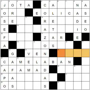 Crucigrama para adultos en español con pistas horizontales y verticales y una fila de casillas resaltada en naranja.