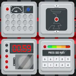 Pantalla del juego de desactivar la bomba con diales, cables y un panel de números para neutralizar cada mecanismo.
