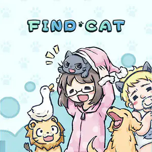 Hình bìa trò chơi Find Cat với một chú mèo xám thò đầu ra từ mũ áo của một cô gái, bên cạnh một con vịt, một con sư tử nhồi bông và một chú chó.