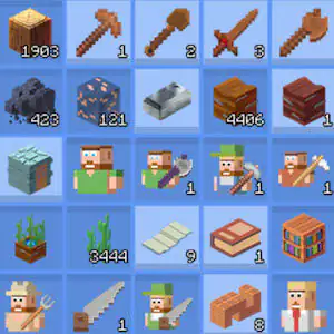 Cuadrícula de iconos estilo píxel art de crafteo (troncos, hachas, picos, minerales y aldeanos) con el número de unidades conseguidas en cada casilla.