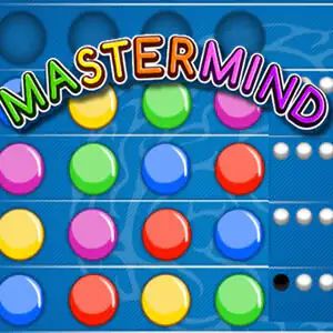 Tablero de Mastermind con filas de fichas de colores (amarillo, verde, azul, rojo, rosa) y marcadores blancos y negros de pista.