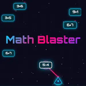 Pantalla de inicio de Math Blaster con operaciones matemáticas flotando en el espacio y una nave apuntando al centro.