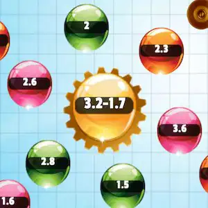 Bolas de colores con números decimales que orbitan alrededor de una operación matemática central en el juego online