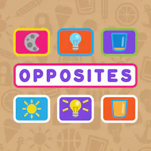 Tarjetas con pictogramas de conceptos opuestos, como un candado cerrado y abierto, una bombilla apagada y encendida, y un vaso vacío y lleno, bajo el título Opposites.