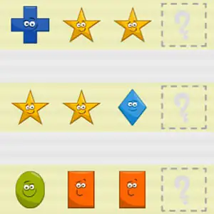 Secuencia de figuras geométricas de colores, una cruz azul y dos estrellas amarillas, con un hueco final marcado con interrogación para completar el patrón.