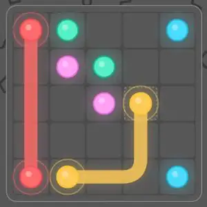 Tablero cuadriculado de puzzle con puntos de colores rojo, verde, morado, amarillo y azul, algunos ya conectados por líneas rectas.