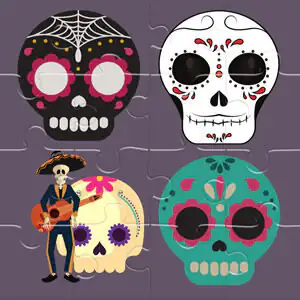 Rompecabezas online con una imagen colorida de calaveras y flores típicas del Día de Muertos