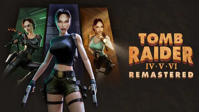 Arte promocional de Tomb Raider IV, V y VI Remastered con Lara Croft en diferentes atuendos y escenarios icónicos. Diseño renovado con gráficos mejorados y el logotipo del juego.