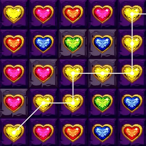 Tablero de corazones de colores estilo joya con líneas blancas uniendo los corazones amarillos, morados y rojos del mismo tono.